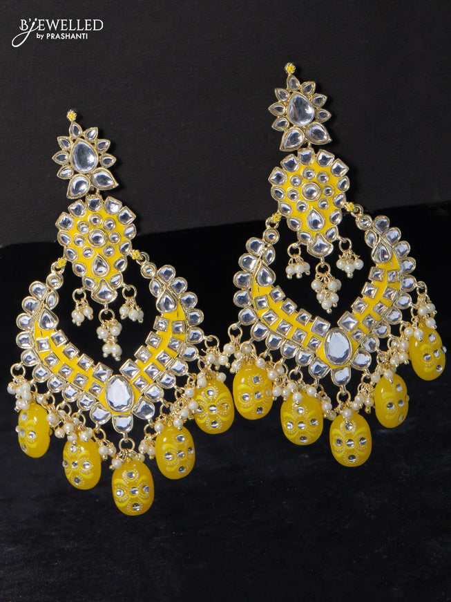 Fashion dangler yellow earrings minakari work with kundan stone and beads hangings - {{ collection.title }} by Prashanti Sarees