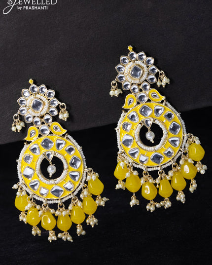 Fashion dangler yellow earrings with kundan stone and beads & pearl hangings - {{ collection.title }} by Prashanti Sarees