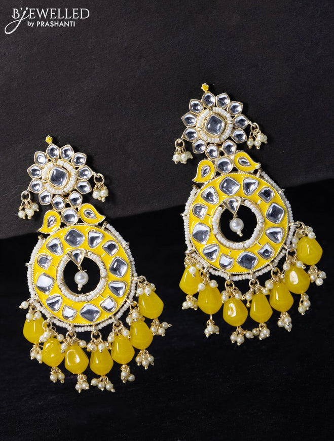 Fashion dangler yellow earrings with kundan stone and beads & pearl hangings - {{ collection.title }} by Prashanti Sarees