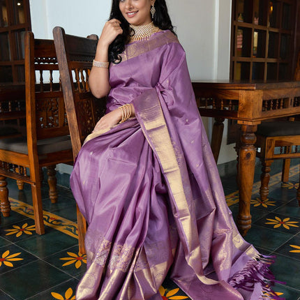 Ga - Pure kanjivaram silk saree Pastel shade of lavender with silver and gold floral zari woven buttas and rich peacock zari woven border - Pre Order - {{ collection.title }} by Prashanti Sarees