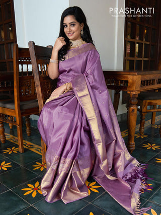 Ga - Pure kanjivaram silk saree Pastel shade of lavender with silver and gold floral zari woven buttas and rich peacock zari woven border - Pre Order