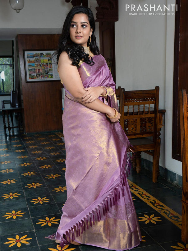 Ga - Pure kanjivaram silk saree Pastel shade of lavender with silver and gold floral zari woven buttas and rich peacock zari woven border - Pre Order - {{ collection.title }} by Prashanti Sarees