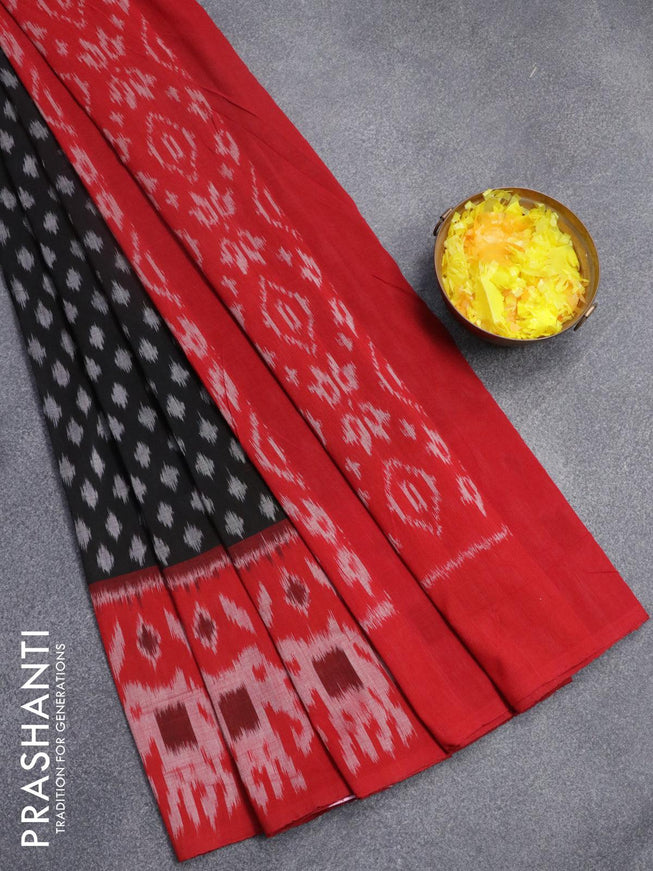 Ikat cotton saree black and red with allover ikat butta weaves and ikat woven border - {{ collection.title }} by Prashanti Sarees