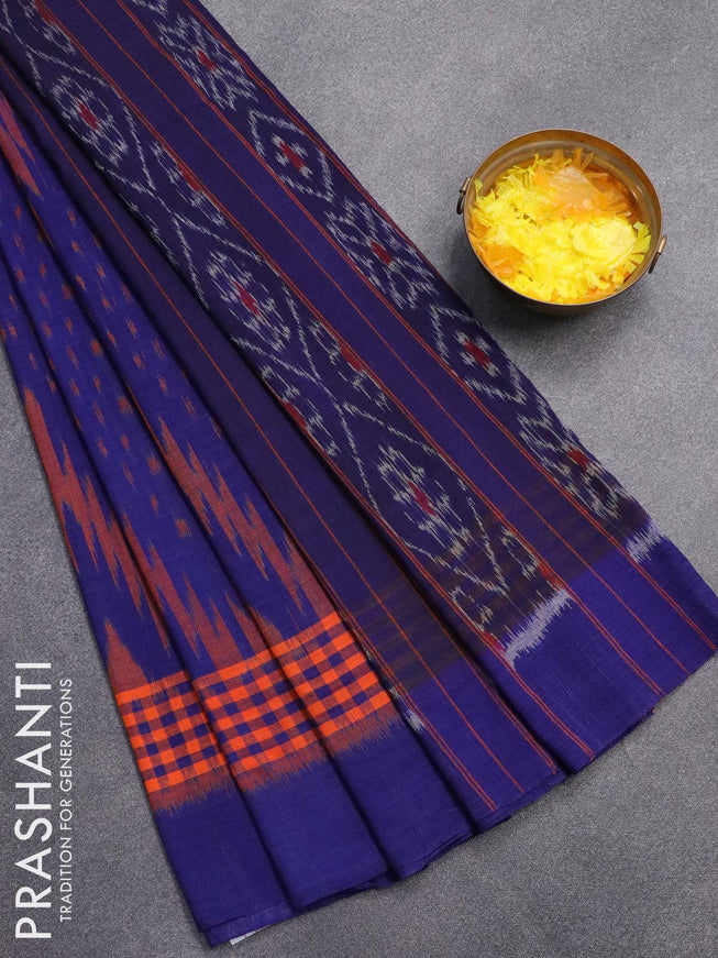 Ikat cotton saree blue and orange with allover ikat weaves and simple border without blouse - {{ collection.title }} by Prashanti Sarees