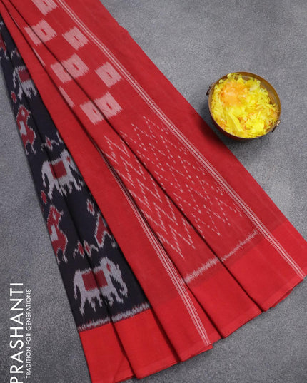 Ikat cotton saree dark navy blue and red with allover ikat weaves and simple border - {{ collection.title }} by Prashanti Sarees