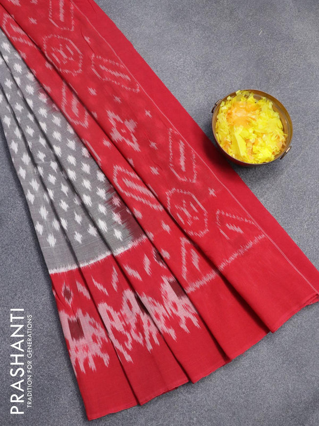 Ikat cotton saree grey and red with allover ikat butta weaves and ikat woven border - {{ collection.title }} by Prashanti Sarees
