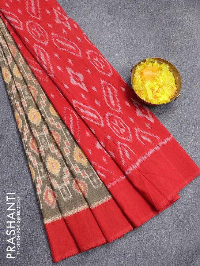 Ikat cotton saree grey and red with allover ikat weaves and simple border - {{ collection.title }} by Prashanti Sarees