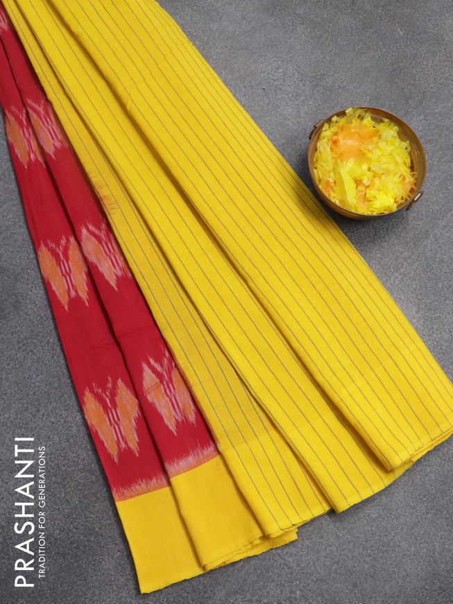 Ikat cotton saree kumkum red and yellow with ikat butta weaves and simple border - {{ collection.title }} by Prashanti Sarees