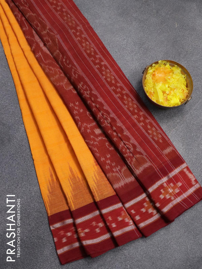 Ikat cotton saree mango yellow and maroon with plain body and vidarbha border without blouse - {{ collection.title }} by Prashanti Sarees