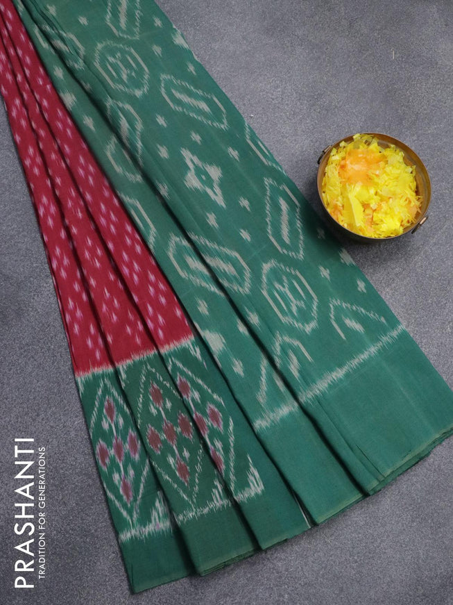 Ikat cotton saree maroon shade and green with allover ikat weaves and long woven border - {{ collection.title }} by Prashanti Sarees