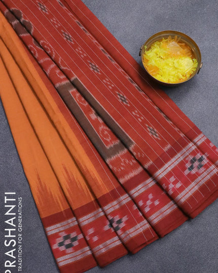 Ikat cotton saree mustard yellow and maroon with plain body and vidarbha border without blouse - {{ collection.title }} by Prashanti Sarees