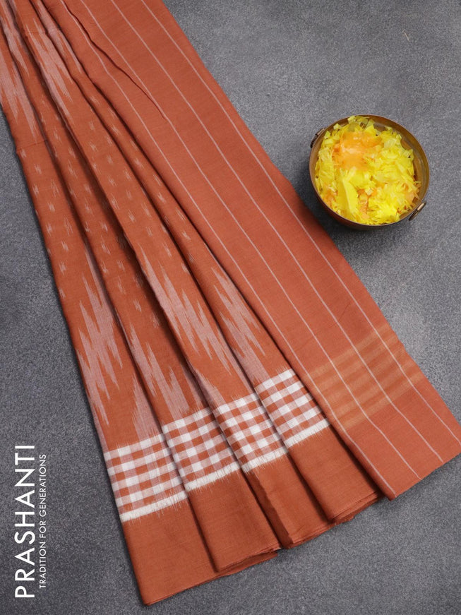Ikat cotton saree off white and rust shade with allover checked pattern and simple border - {{ collection.title }} by Prashanti Sarees