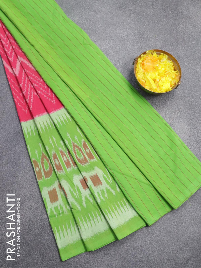 Ikat cotton saree pink and light green with allover ikat weaves and long woven border - {{ collection.title }} by Prashanti Sarees