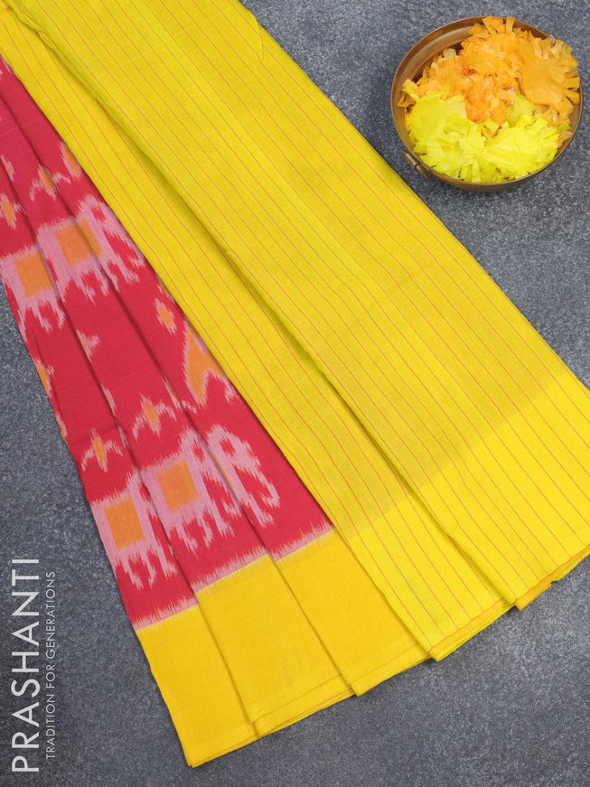 Ikat cotton saree pink and yellow with allover ikat weaves and simple border - {{ collection.title }} by Prashanti Sarees
