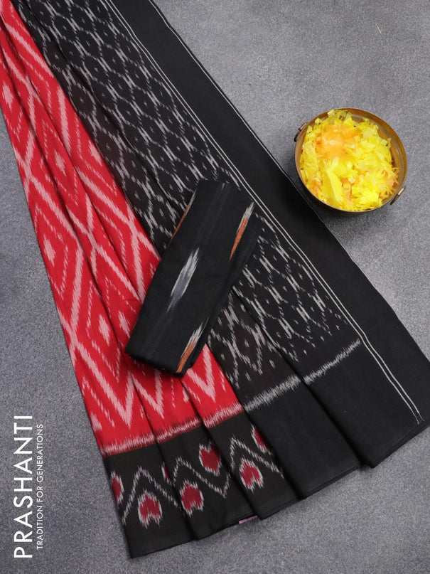 Ikat cotton saree red and black with allover ikat weaves and woven border with separate blouse - {{ collection.title }} by Prashanti Sarees