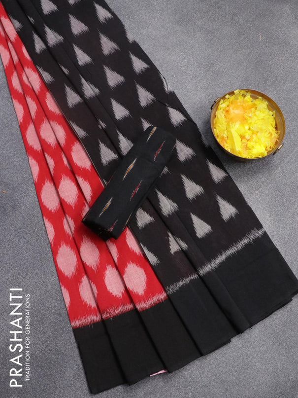 Ikat cotton saree red and black with ikat woven butta weaves and simple border with separate blouse - {{ collection.title }} by Prashanti Sarees