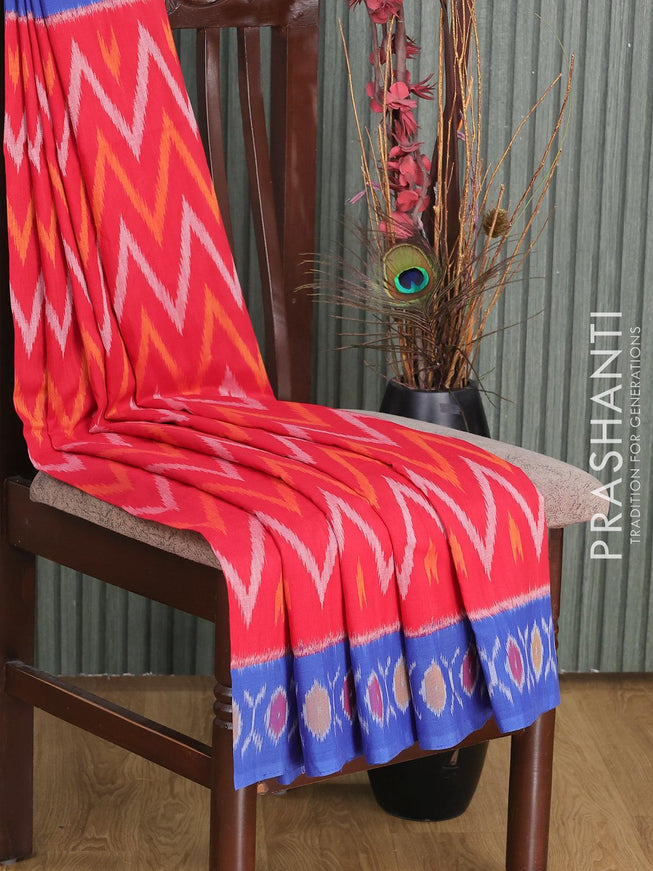 Ikat cotton saree red and blue with allover ikat weaves and printed border - {{ collection.title }} by Prashanti Sarees