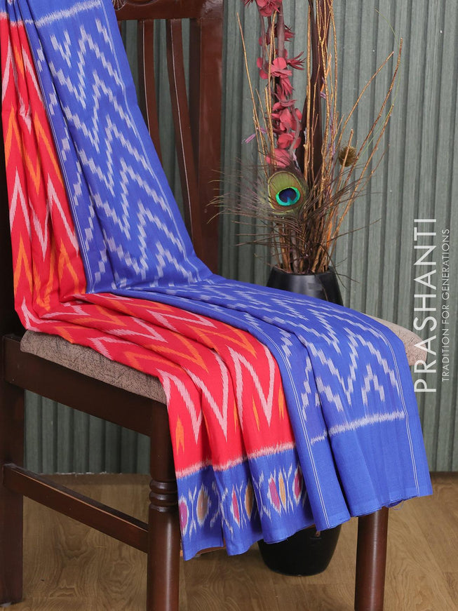 Ikat cotton saree red and blue with allover ikat weaves and printed border - {{ collection.title }} by Prashanti Sarees