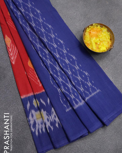 Ikat cotton saree red and blue with ikat butta weaves and ikat woven border - {{ collection.title }} by Prashanti Sarees