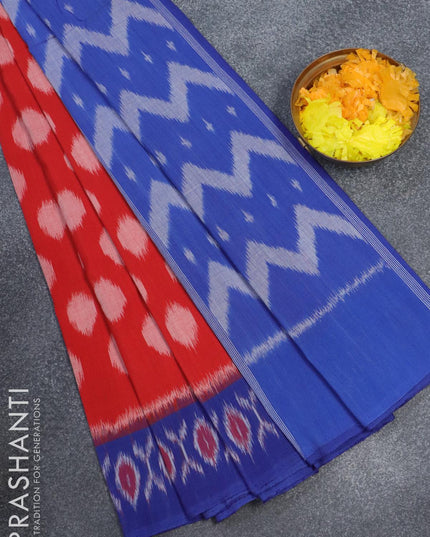 Ikat cotton saree red and blue with ikat butta weaves and printed border - {{ collection.title }} by Prashanti Sarees