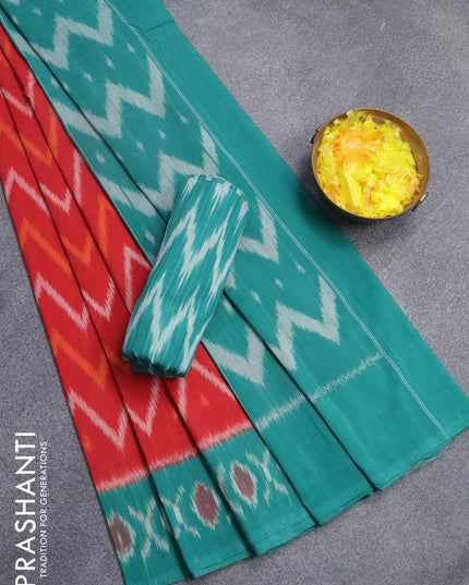 Ikat cotton saree red and teal green with allover ikat weaves and woven border with separate blouse - {{ collection.title }} by Prashanti Sarees