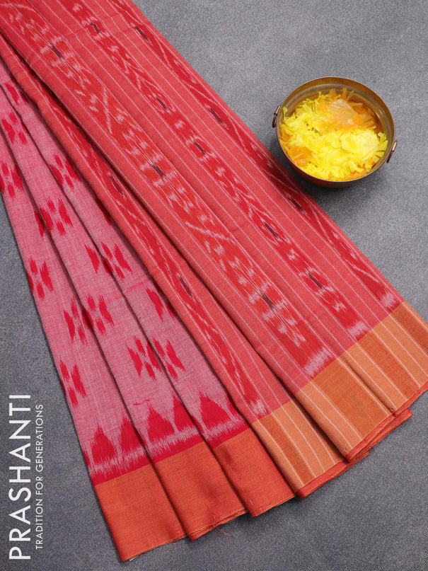 Ikat cotton saree red shade and rust shade with ikat butta weaves and simple border without blouse - {{ collection.title }} by Prashanti Sarees