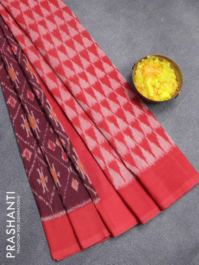 Ikat cotton saree wine shade and red with allover ikat weaves and simple border - {{ collection.title }} by Prashanti Sarees