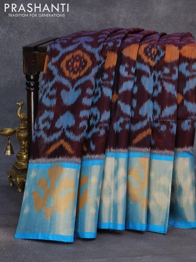 Ikat silk cotton saree deep wine shade and cs blue with allover ikat weaves and long zari woven border - {{ collection.title }} by Prashanti Sarees