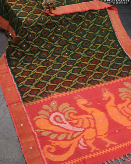 Ikat silk cotton saree green and orange with allover ikat weaves & mirror work and zari woven border - {{ collection.title }} by Prashanti Sarees