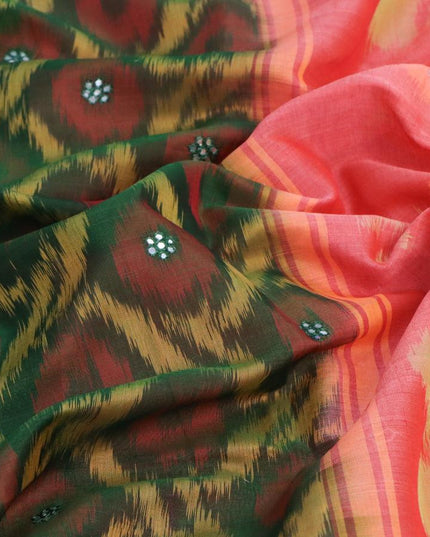 Ikat silk cotton saree green and orange with allover ikat weaves & mirror work and zari woven border - {{ collection.title }} by Prashanti Sarees