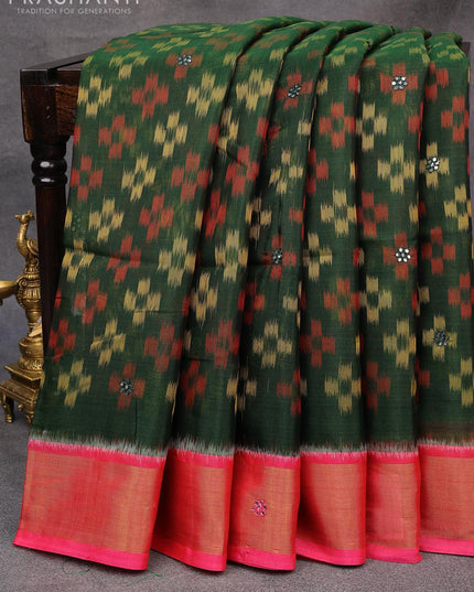 Ikat silk cotton saree green and pink with allover ikat weaves & mirror work and zari woven border - {{ collection.title }} by Prashanti Sarees