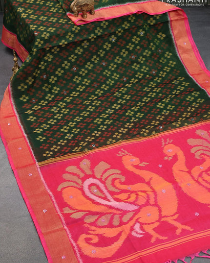 Ikat silk cotton saree green and pink with allover ikat weaves & mirror work and zari woven border - {{ collection.title }} by Prashanti Sarees
