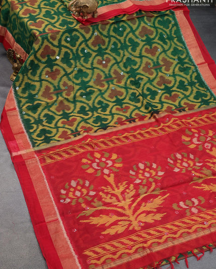 Ikat silk cotton saree green and red with allover ikat weaves & mirror work and zari woven border - {{ collection.title }} by Prashanti Sarees