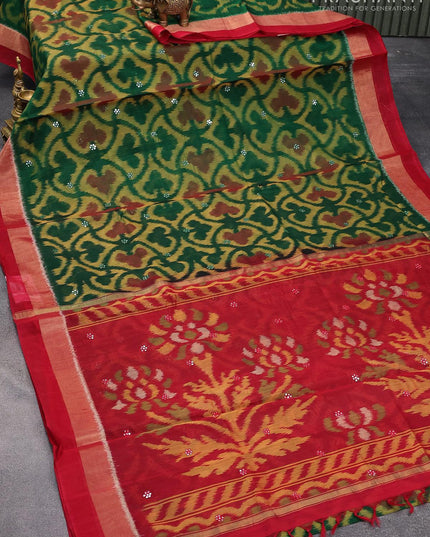 Ikat silk cotton saree green and red with allover ikat weaves & mirror work and zari woven border - {{ collection.title }} by Prashanti Sarees
