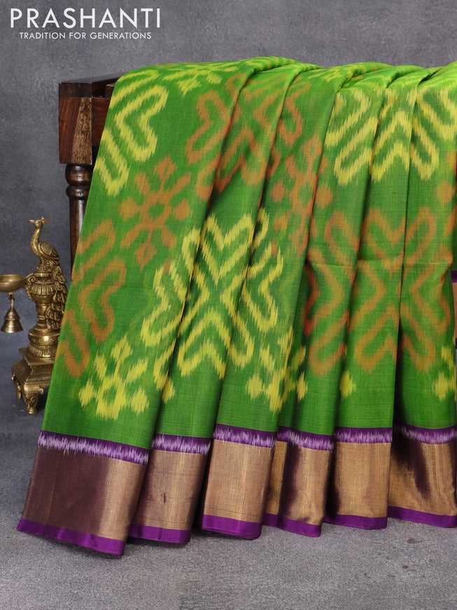Ikat silk cotton saree green and violet with allover ikat weaves and zari woven border - {{ collection.title }} by Prashanti Sarees