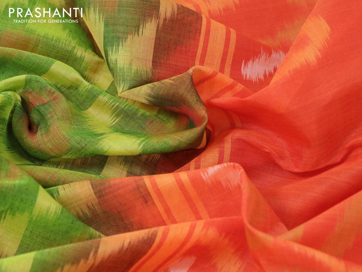 Ikat silk cotton saree light green and orange with allover ikat weaves and long zari woven border - {{ collection.title }} by Prashanti Sarees
