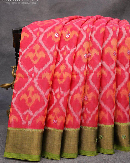 Ikat silk cotton saree pink and light green with allover ikat weaves & mirror work and zari woven border - {{ collection.title }} by Prashanti Sarees