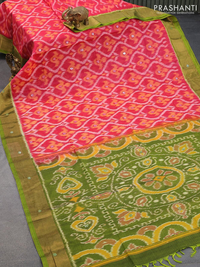 Ikat silk cotton saree pink and light green with allover ikat weaves & mirror work and zari woven border - {{ collection.title }} by Prashanti Sarees