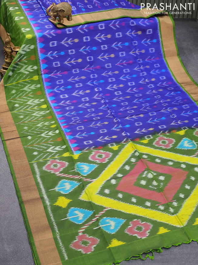 Ikat soft silk saree blue and green with allover ikat butta weaves and zari woven border - {{ collection.title }} by Prashanti Sarees