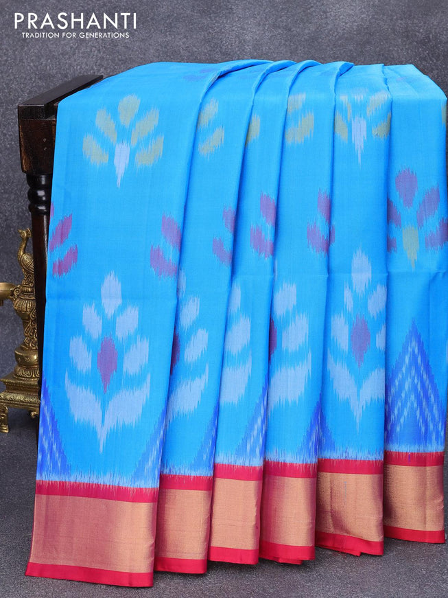 Ikat soft silk saree blue and pink with allover ikat butta weaves and zari woven border - {{ collection.title }} by Prashanti Sarees