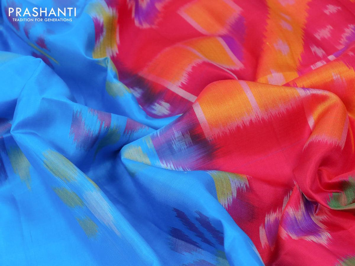 Ikat soft silk saree blue and pink with allover ikat butta weaves and zari woven border - {{ collection.title }} by Prashanti Sarees