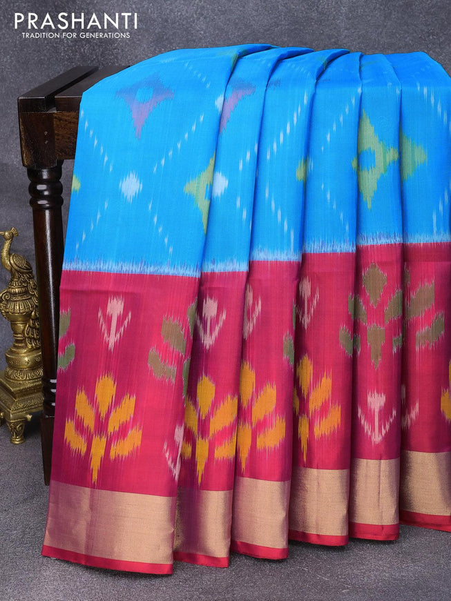 Ikat soft silk saree cs blue and pink with allover ikat weaves and zari woven border - {{ collection.title }} by Prashanti Sarees
