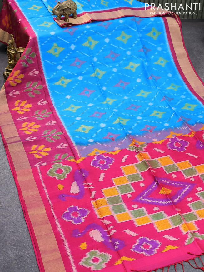 Ikat soft silk saree cs blue and pink with allover ikat weaves and zari woven border - {{ collection.title }} by Prashanti Sarees