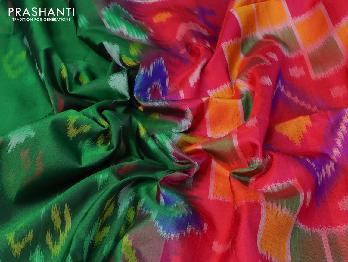 Ikat soft silk saree dark green and pink with allover ikat buttas and zari woven simple border - {{ collection.title }} by Prashanti Sarees