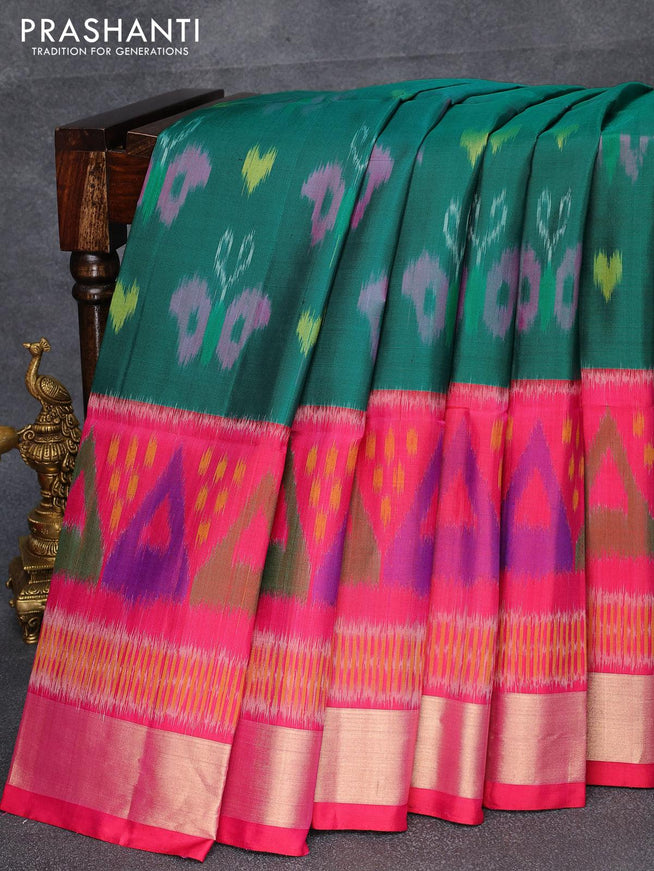 Ikat soft silk saree dark green and pink with allover prints and zari woven border - {{ collection.title }} by Prashanti Sarees