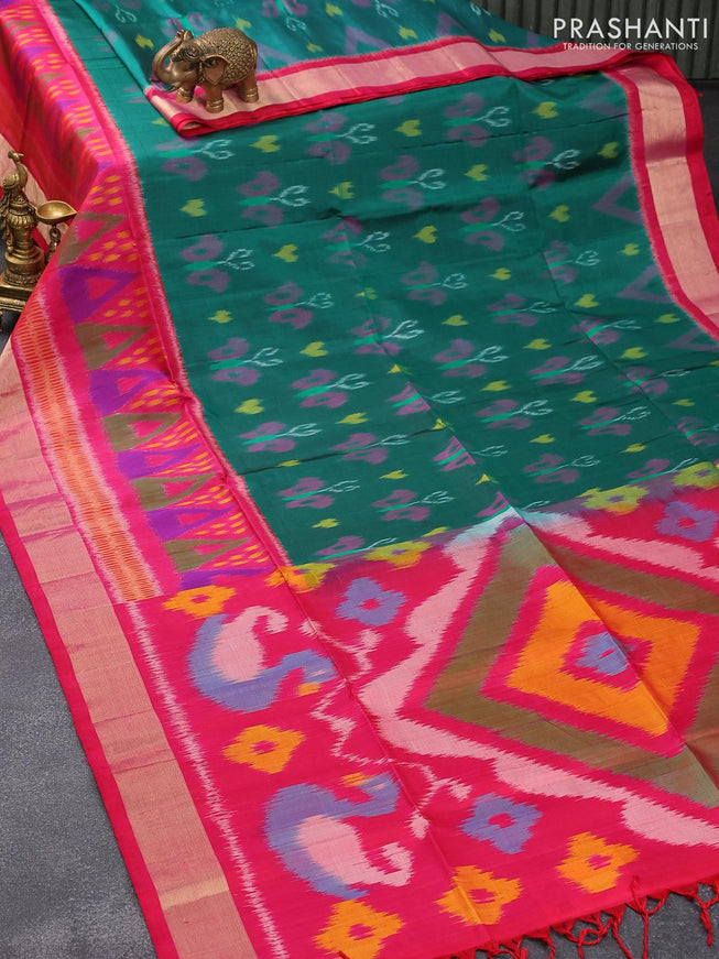 Ikat soft silk saree dark green and pink with allover prints and zari woven border - {{ collection.title }} by Prashanti Sarees