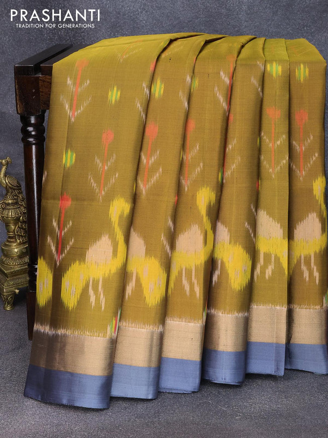 Ikat soft silk saree dark mustard and grey with allover ikat butta weaves and zari woven border - {{ collection.title }} by Prashanti Sarees