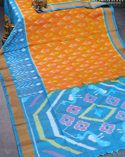 Ikat soft silk saree dual shade of mustard yellow and peacock blue with allover ikat buttas and zari woven border - {{ collection.title }} by Prashanti Sarees