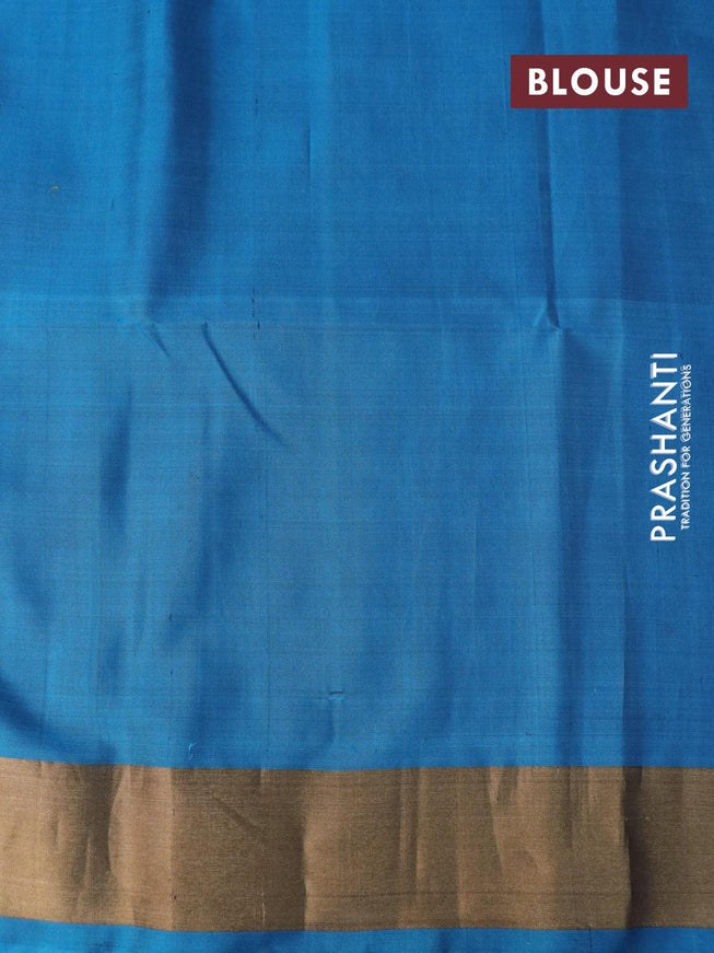 Ikat soft silk saree dual shade of mustard yellow and peacock blue with allover ikat buttas and zari woven border - {{ collection.title }} by Prashanti Sarees