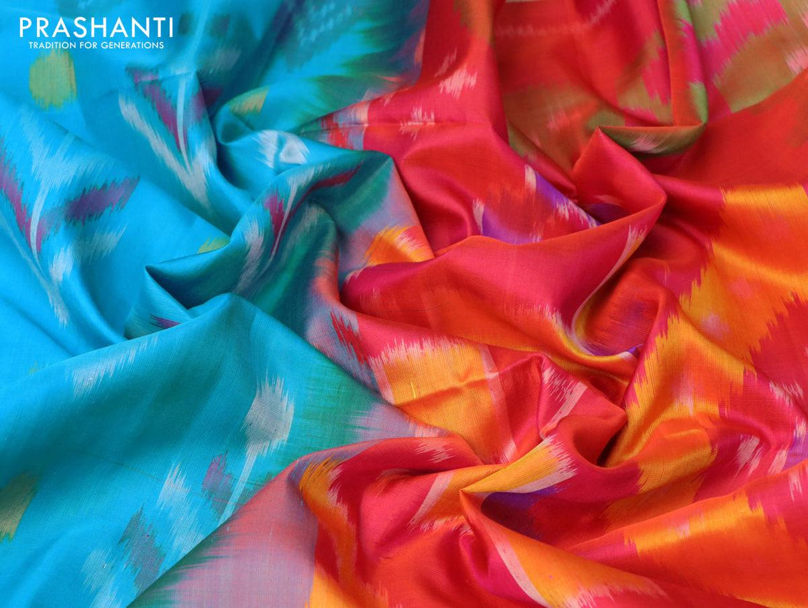 Ikat soft silk saree light blue and dual shade of pink with allover ikat buttas and zari woven border - {{ collection.title }} by Prashanti Sarees